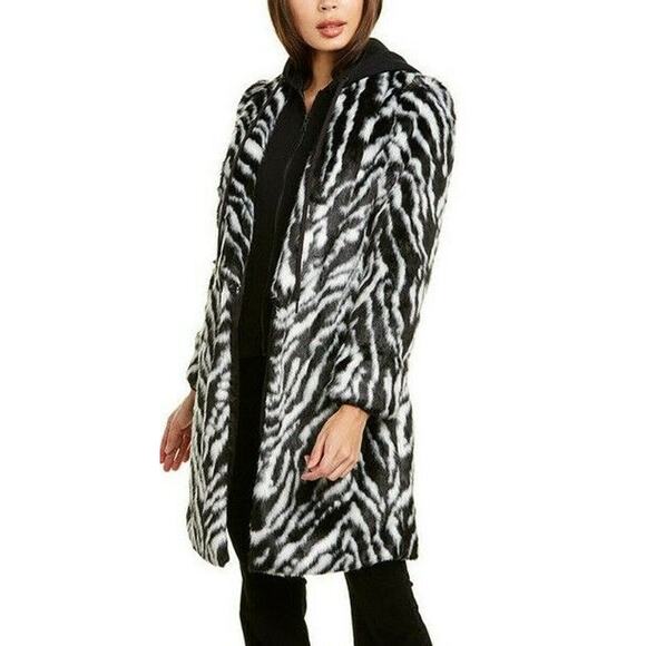 NWT Alice + Olivia Kylie Zebra Print Hooded Faux Fur Coat Black / White Size S